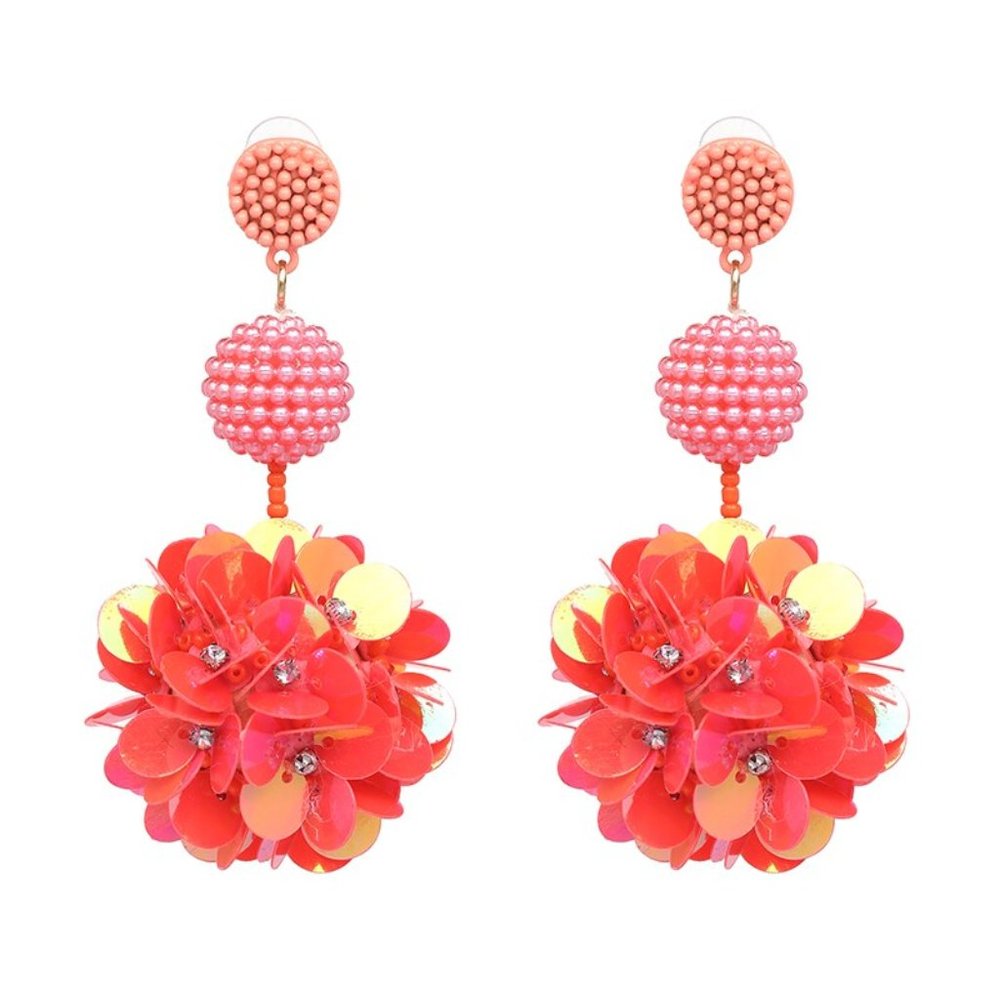 Neon Red Beaded Sequin Flower Large Drop Earrings